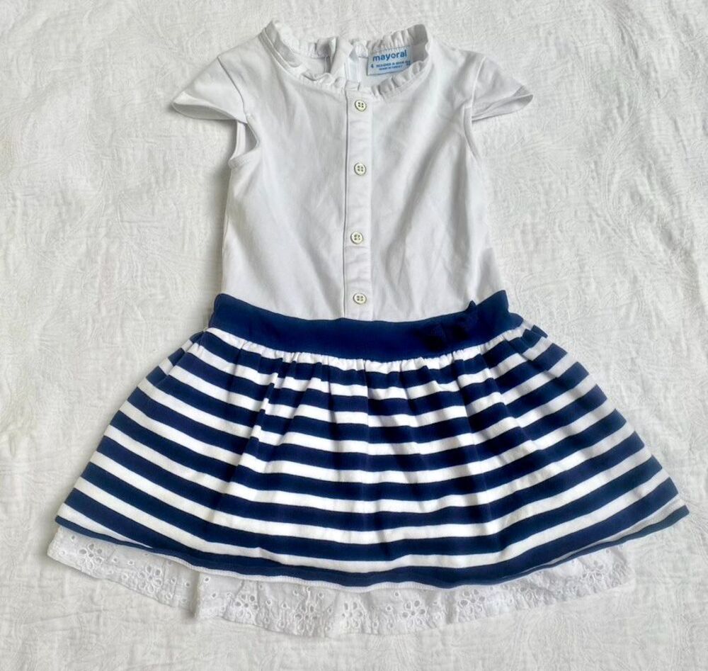 MAYORAL Girl's Dress European Knit Cotton Navy & White Nautical Stripes Size 4T